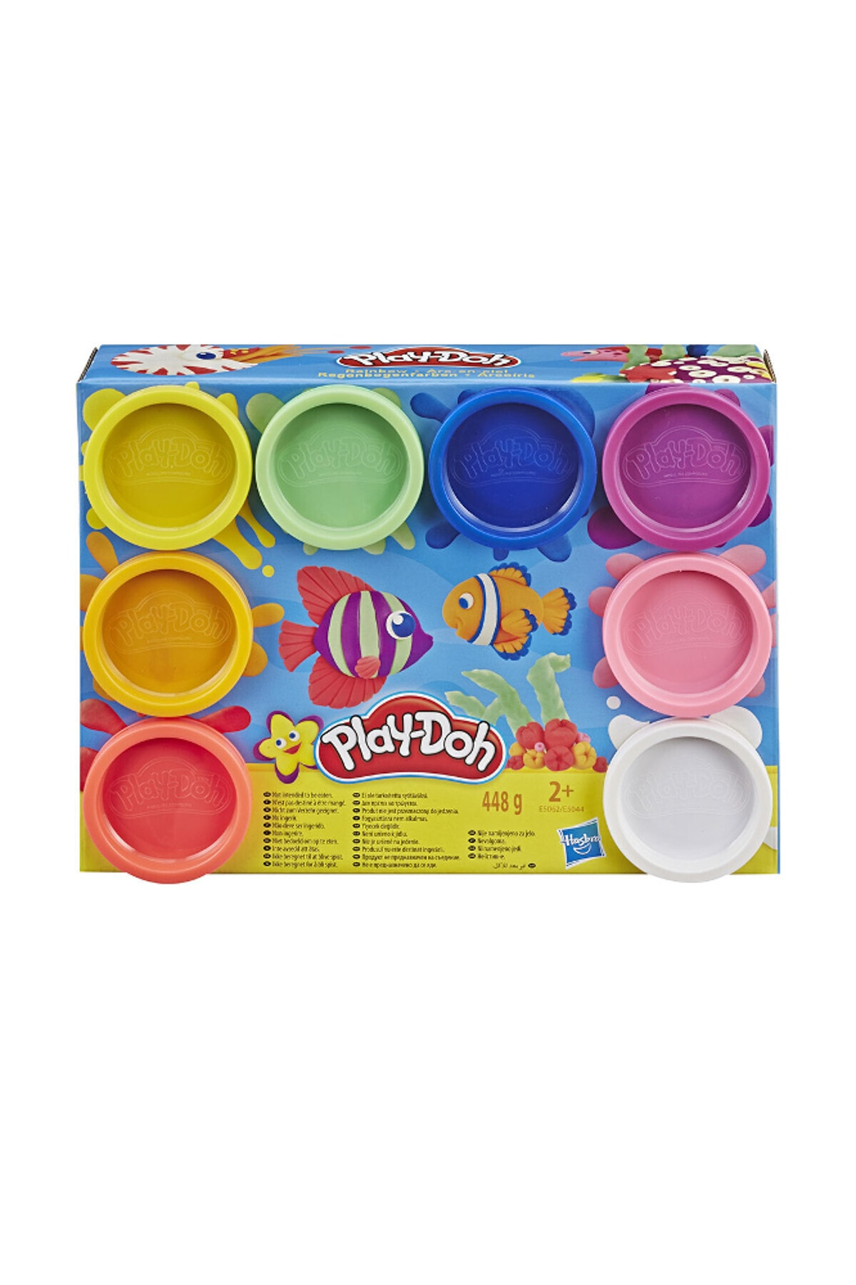 Sekiz renkli hamur kutusu ve su altı tasarımı içeren Play-Doh seti.