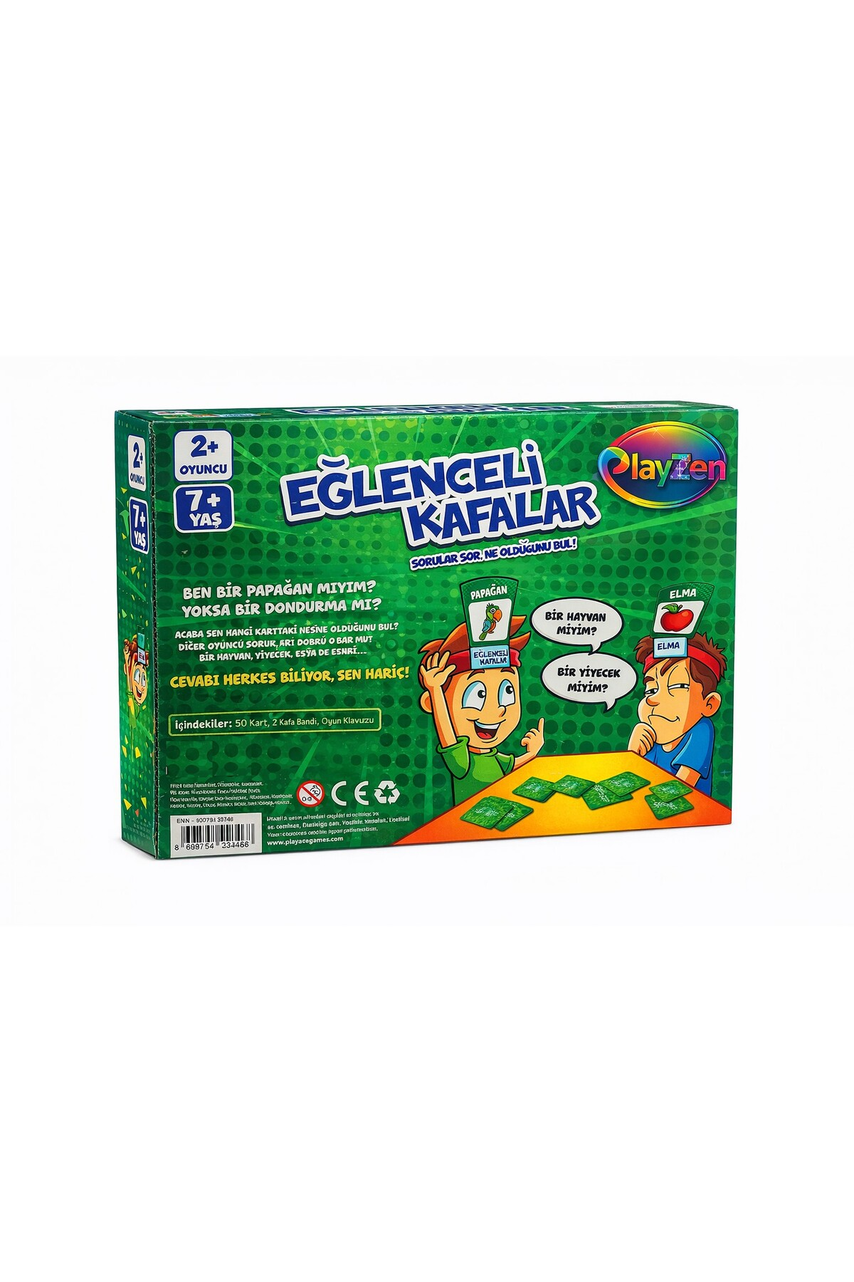 Kafalarında kartlı bantlar olan çizgi karakterlerin oynadığı yeşil Eglenceli Kafalar kutu oyunu kutusu.