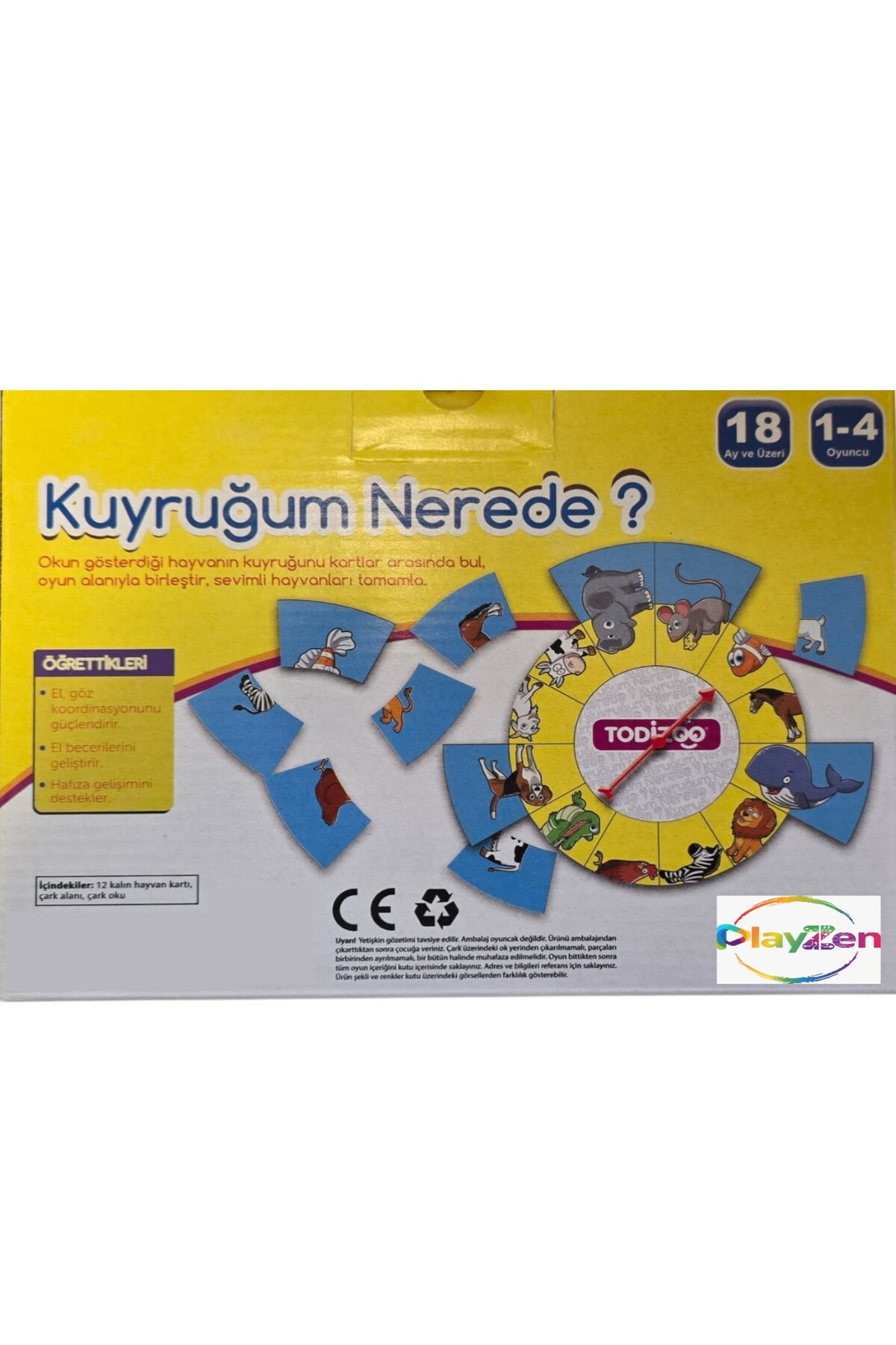 Hayvan bulmaca kartları, çark oku ve Kuyruğum Nerede başlığı yer alan sarı oyuncak kutusu.