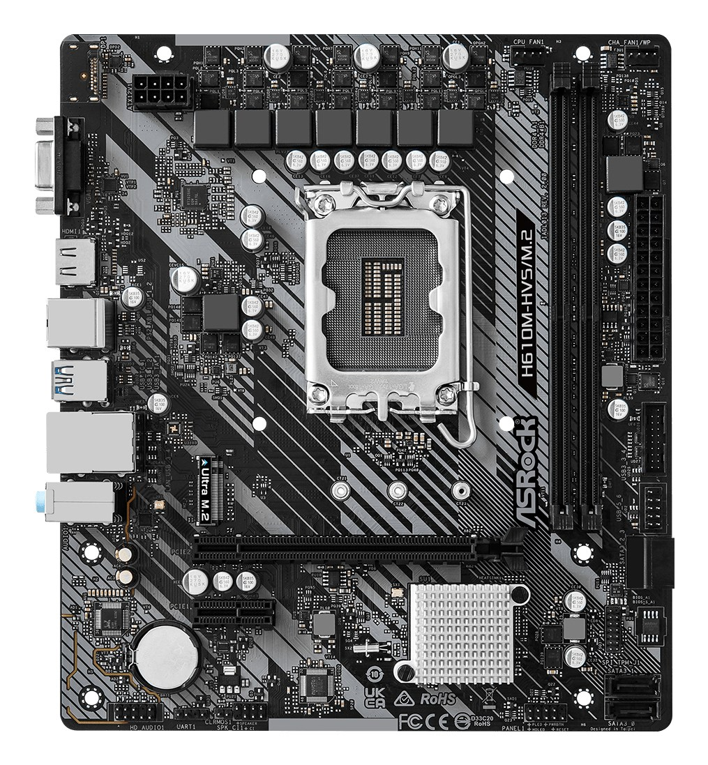 Ein detailliertes schwarzes ASRock H610M-HVS/M.2 Motherboard mit CPU-Sockel, RAM-Slots und Anschlüssen.