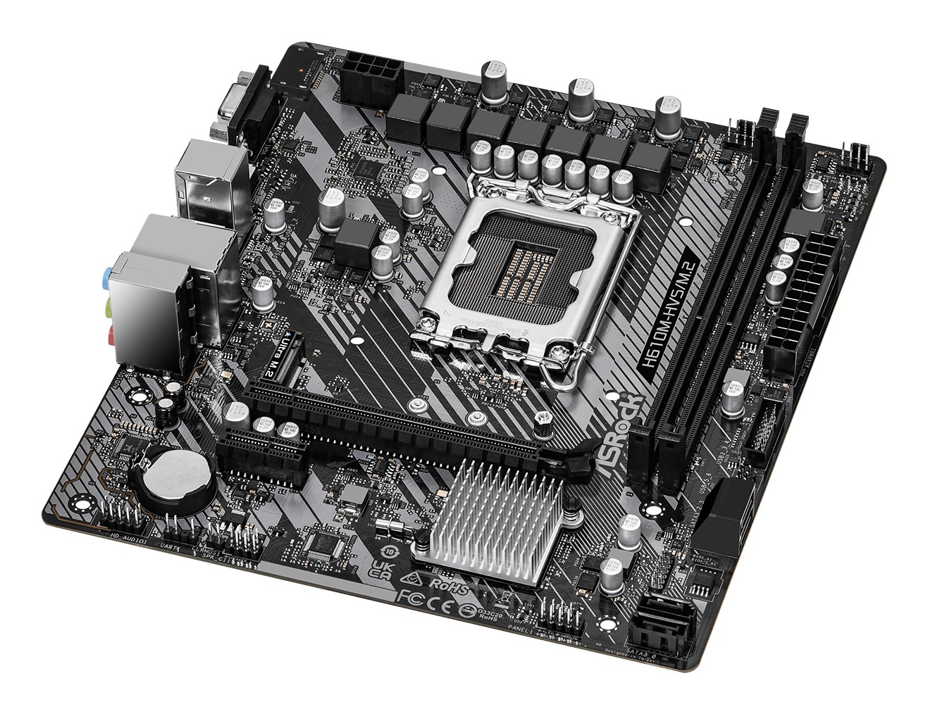 Ein schwarzes ASRock H610M-HVS/M.2 Motherboard mit CPU-Sockel, RAM-Slots, Kühlkörpern und Anschlüssen.