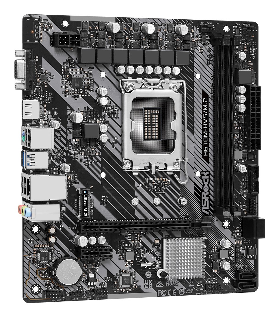 Ein detailliertes ASRock H610M-HVS/M.2 Motherboard mit CPU-Sockel, RAM-Steckplätzen und Anschlüssen.