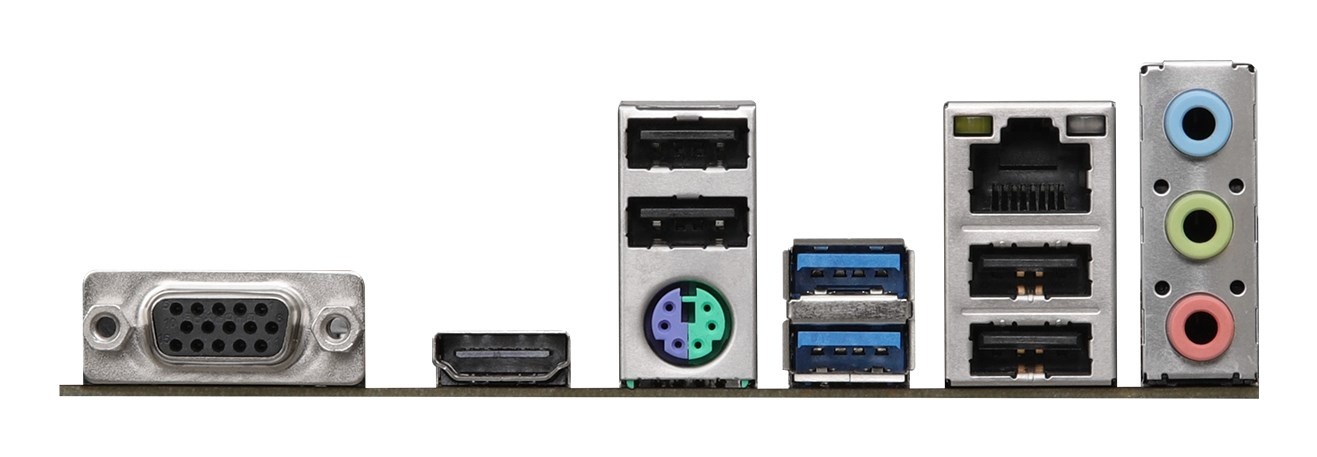 Rückseite eines Motherboards mit VGA-, HDMI-, USB-, PS/2-, Ethernet- und Audio-Anschlüssen.