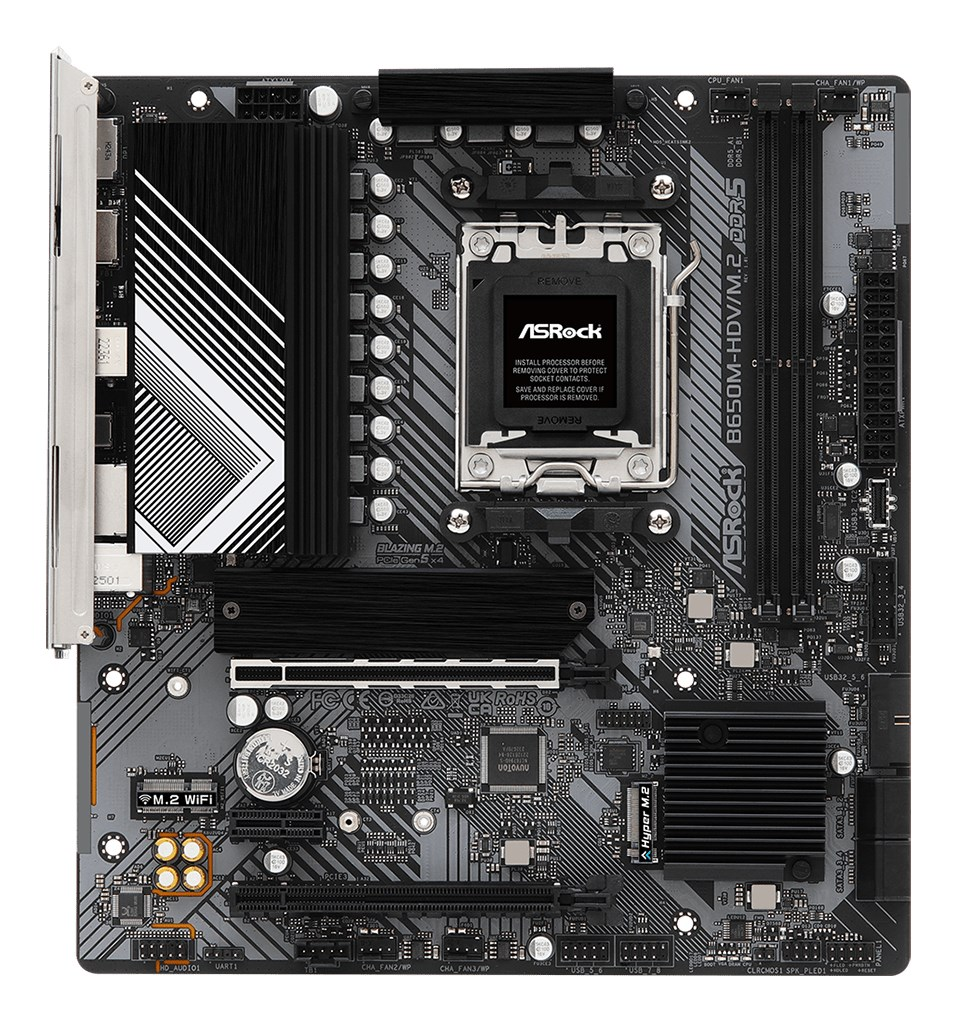 Płyta główna ASRock B650M-HDV/M.2 o czarno-srebrnym designie, z gniazdem CPU, slotami RAM i radiatorami.