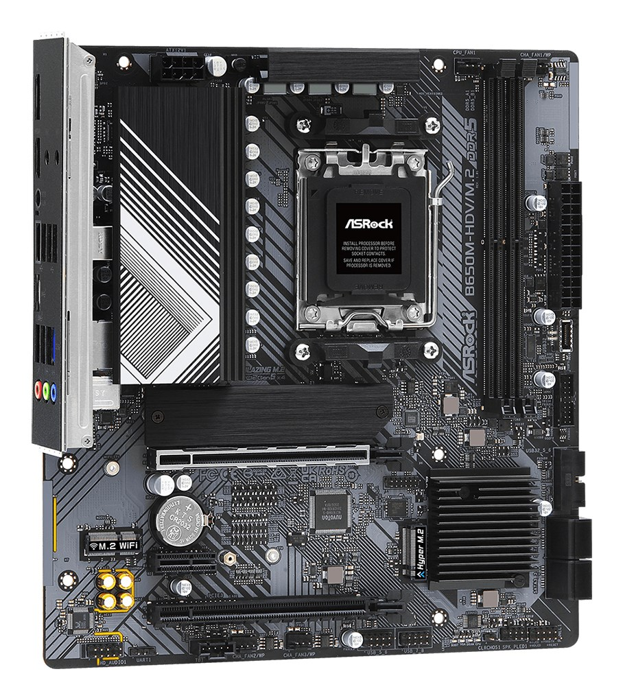Szczegółowy obraz czarnej płyty głównej ASRock z gniazdem procesora, slotami RAM i różnymi złączami.