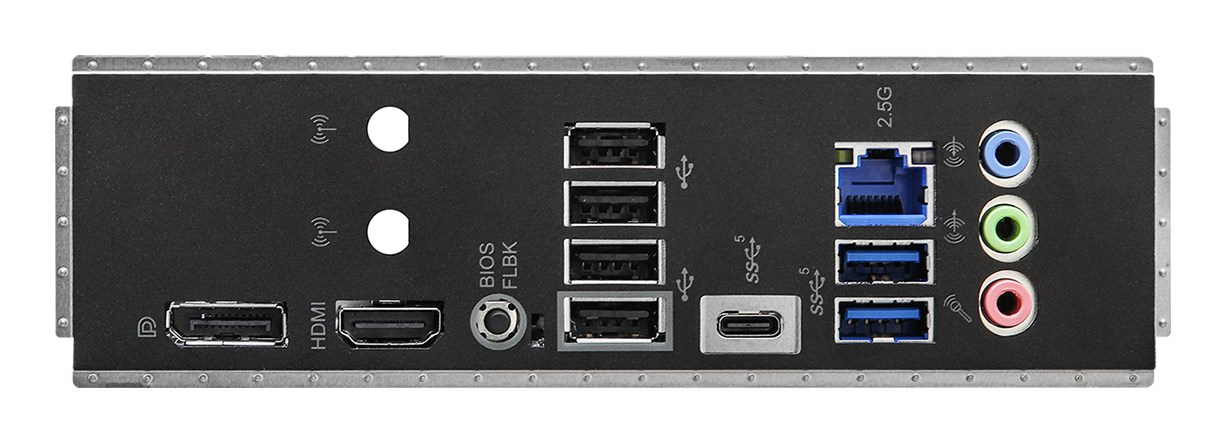 Tylny panel płyty głównej z portami USB, HDMI, DisplayPort, Ethernet i audio.