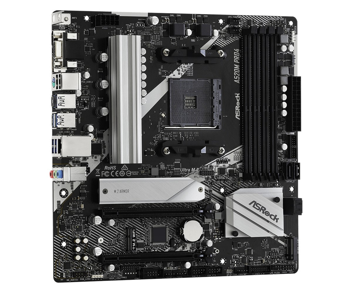 Eine schwarze ASRock A520M PRO4 Hauptplatine mit silbernen Kühlkörpern und verschiedenen Anschlüssen auf weißem Hintergrund.