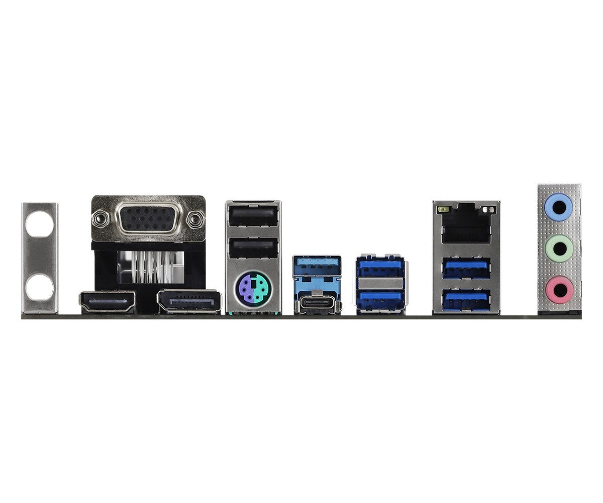 Rückseite eines Motherboards mit verschiedenen Anschlüssen wie USB, HDMI, VGA und Audio-Buchsen.