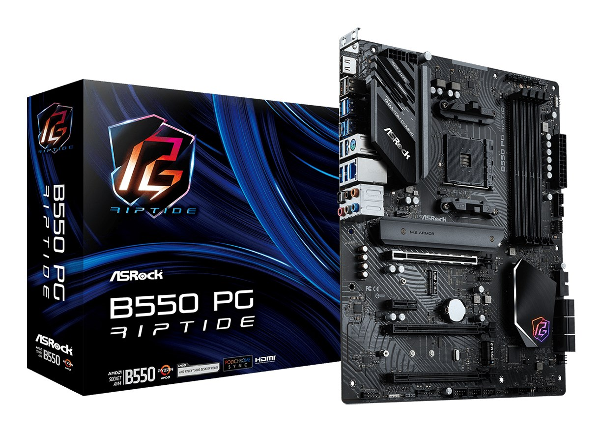 Placa base ASRock B550 PG Riptide junto a su caja negra y azul.