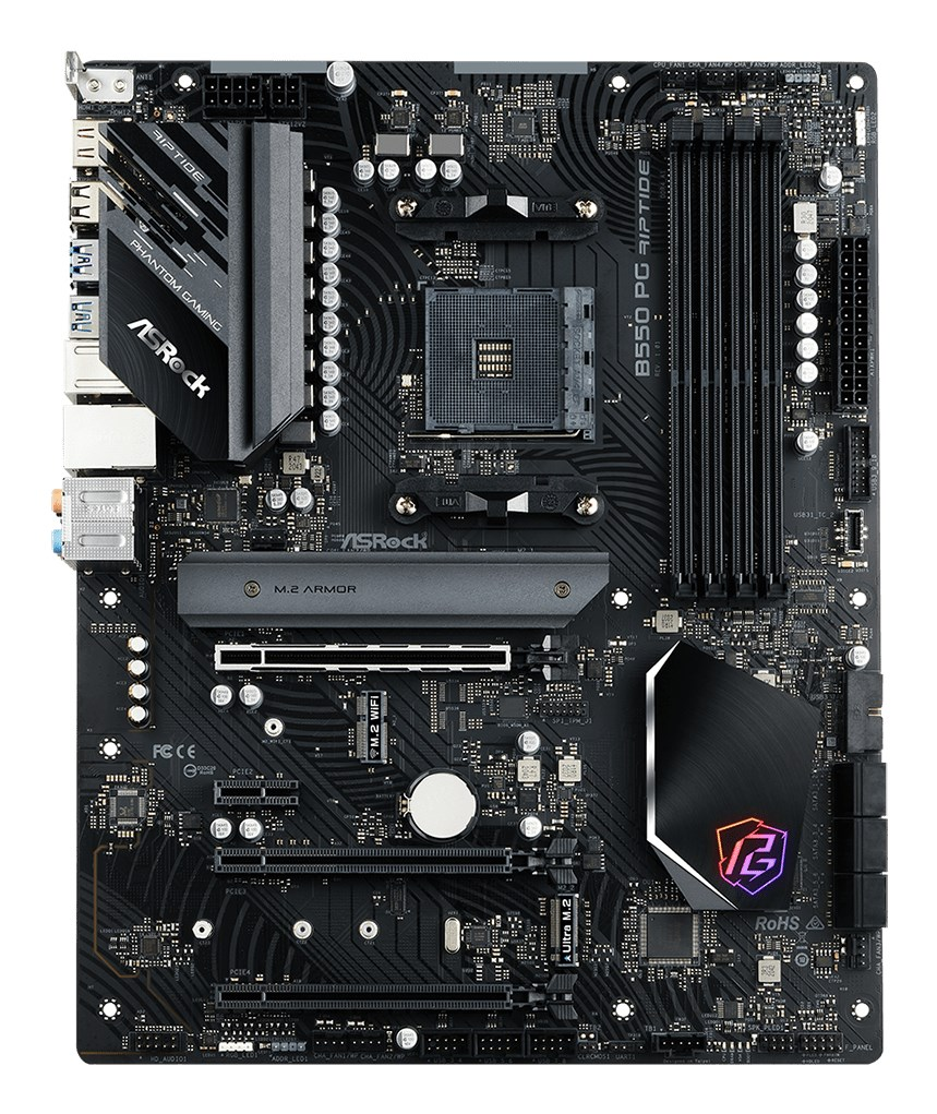 Vista superior de una placa base negra ASRock B550 PG Riptide con disipadores, zócalo de CPU y ranuras de RAM.