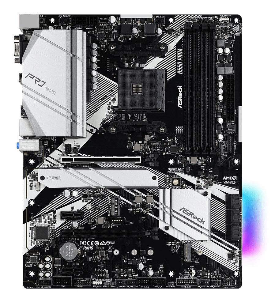 Czarno-biała płyta główna ASRock B550 Pro4 z radiatorami i różnymi portami na białym tle.