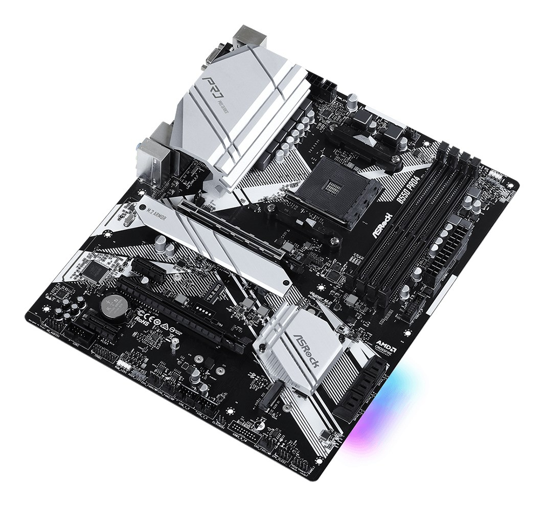 Czarna płyta główna ASRock B550 Pro4 ze srebrnymi radiatorami i biało-czarnym wzorem na białym tle.