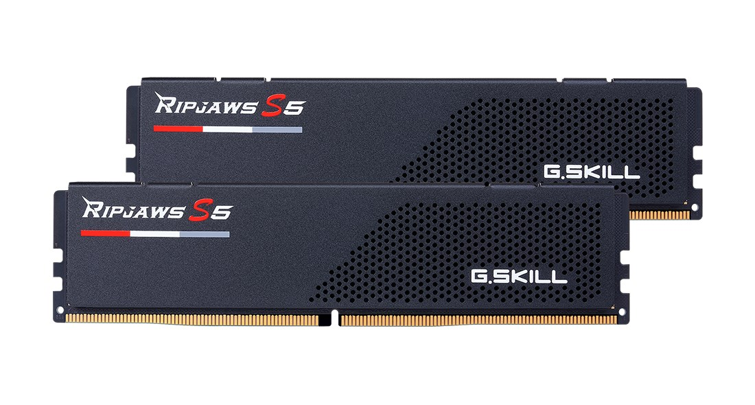 Deux modules de RAM G.Skill Ripjaws S5 noirs avec lettrage blanc et rouge sur fond blanc.