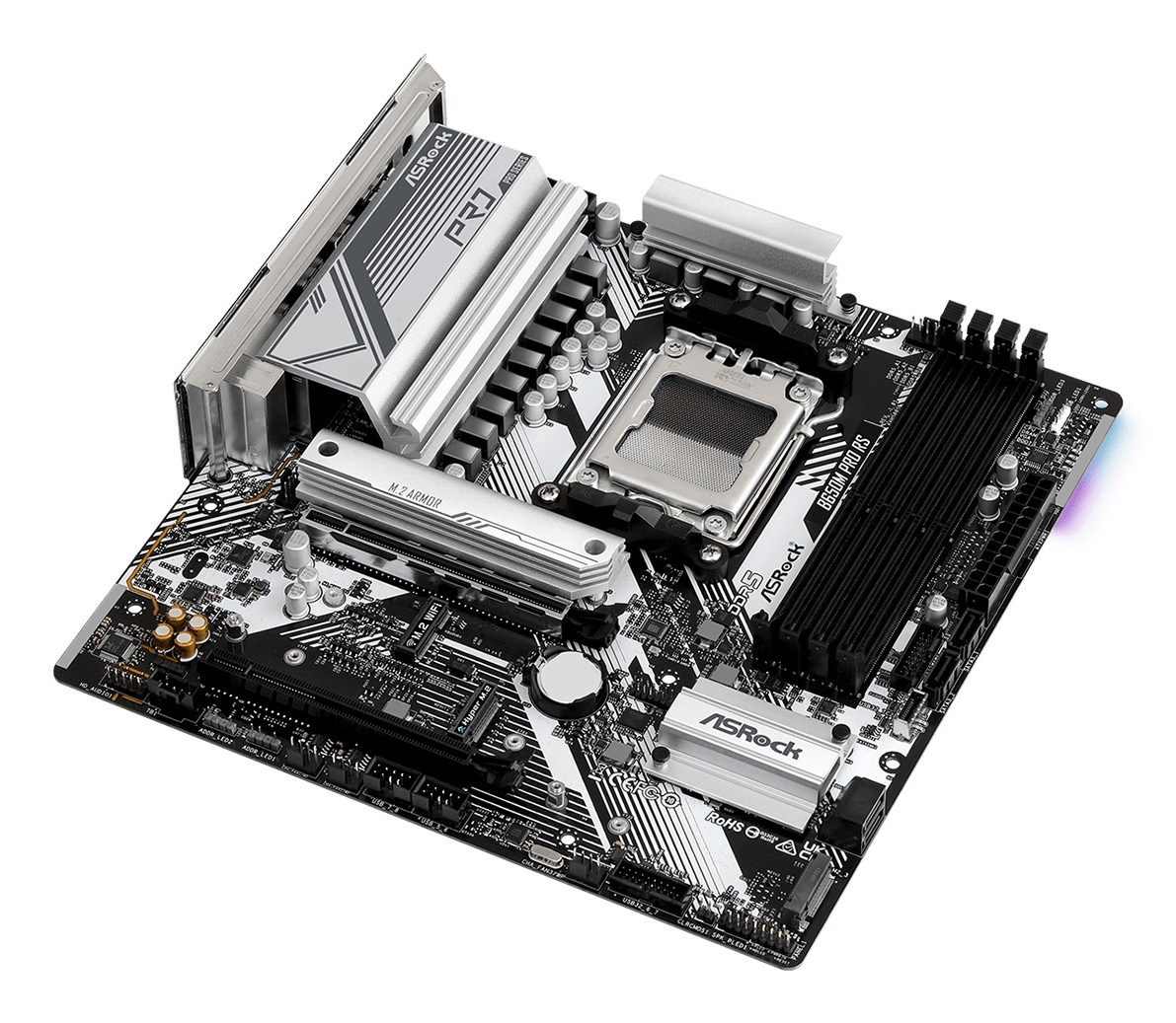 Una scheda madre ASRock B650M dettagliata con dissipatori argentati e slot neri su sfondo bianco.