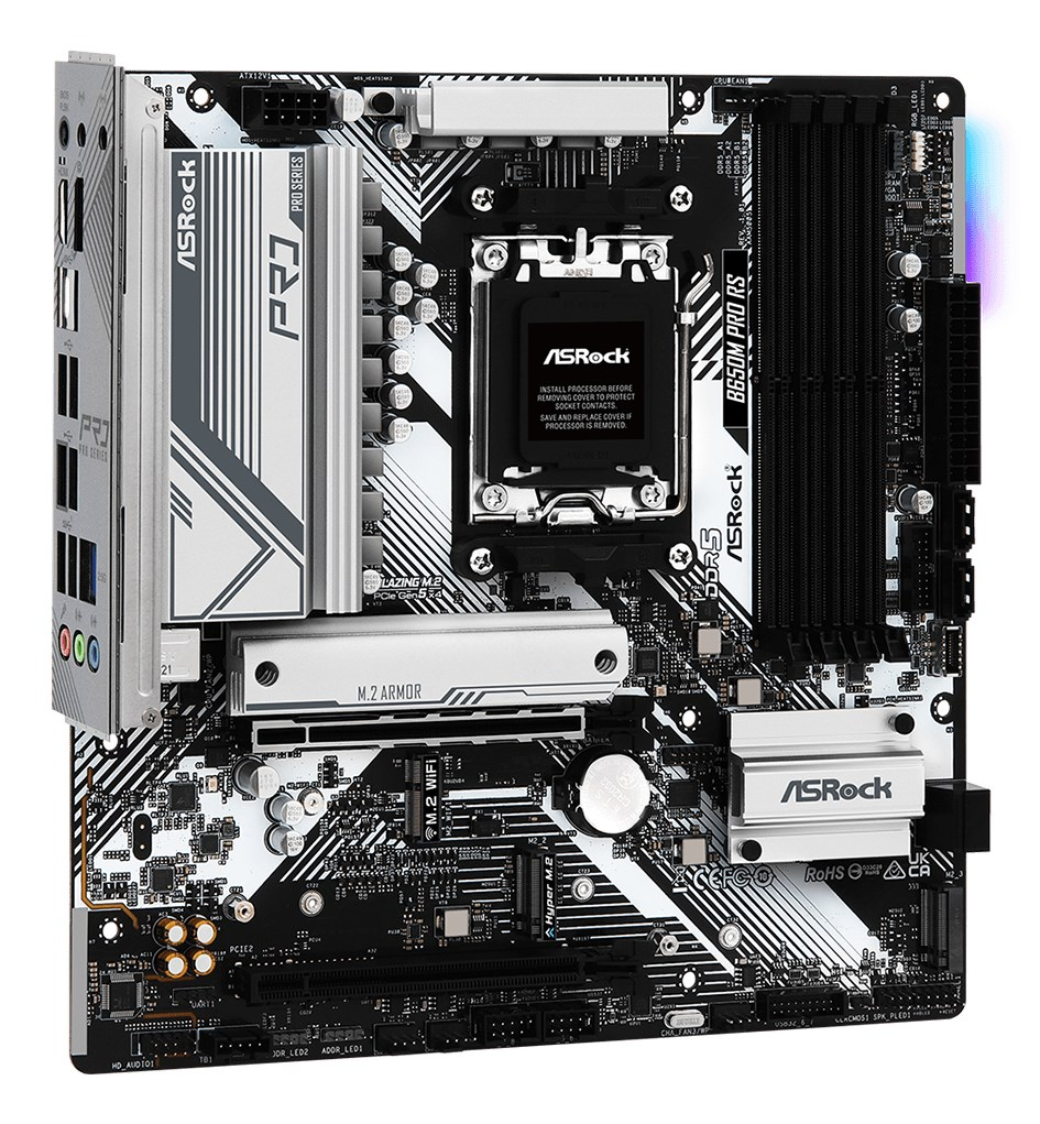 Una scheda madre ASRock B650M Pro RS con dettagli bianchi e neri, socket CPU, slot RAM e dissipatori.