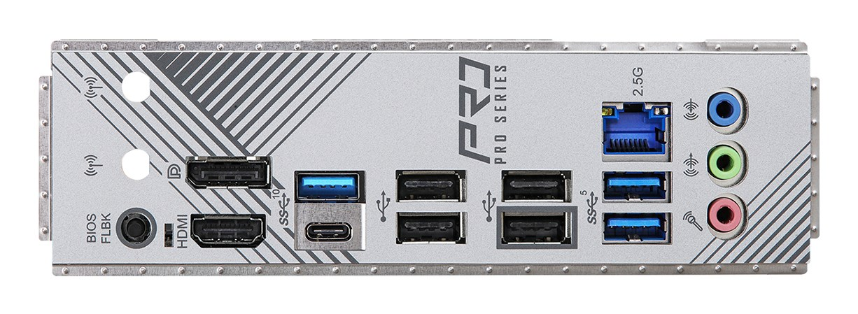 Pannello posteriore di una scheda madre con porte USB, HDMI, DisplayPort, Ethernet e audio su piastra argentata.