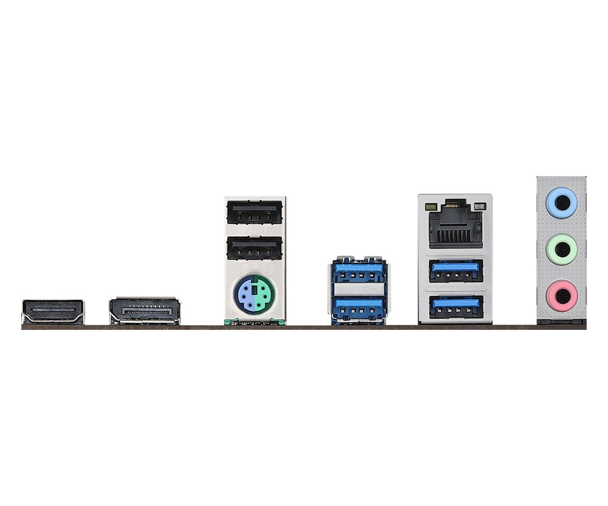 Pannello posteriore di scheda madre con varie porte come USB, HDMI, DisplayPort, rete e audio.
