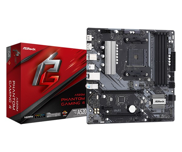 Una scheda madre ASRock A520M Phantom Gaming 4 accanto alla sua scatola rossa e nera.