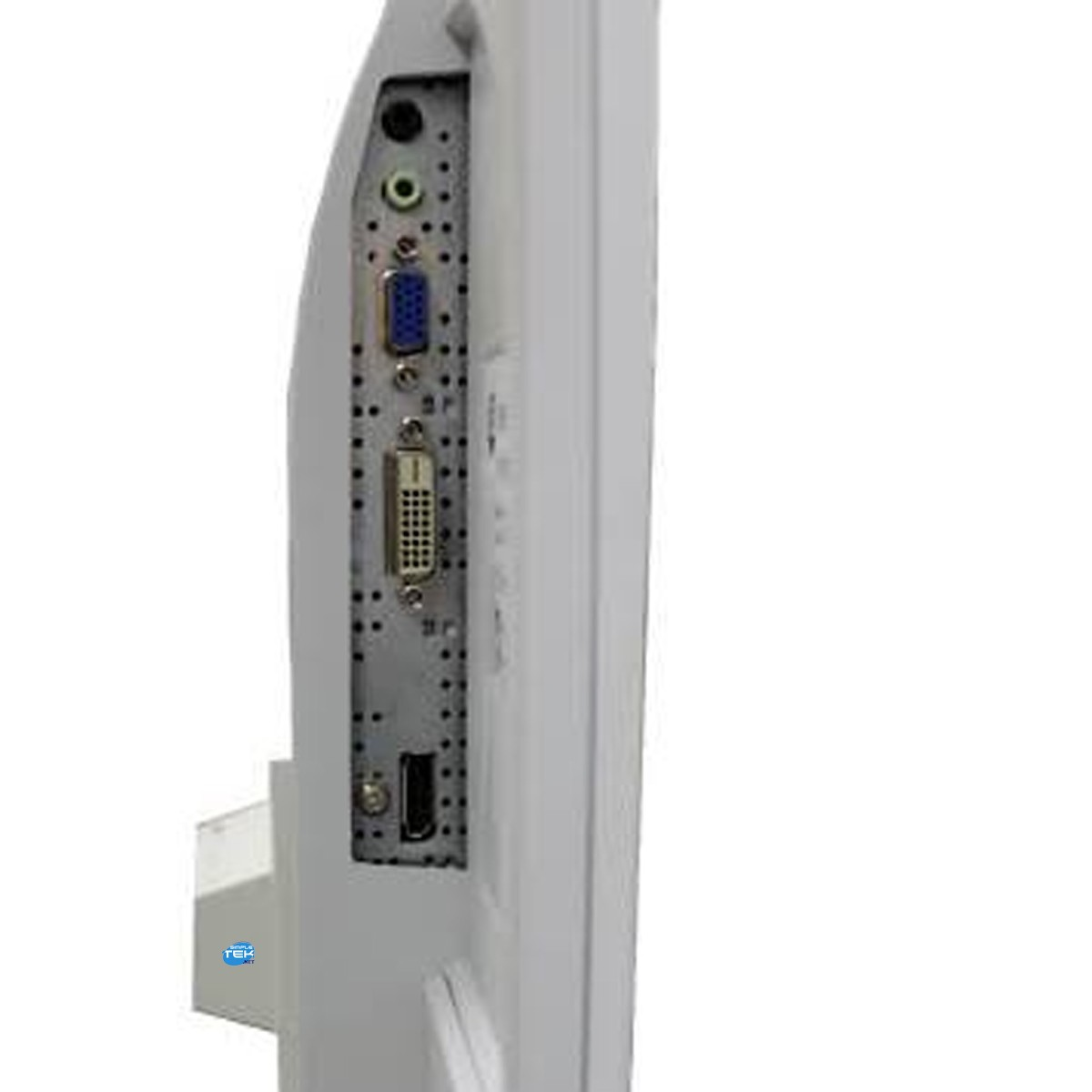 Vista laterale di un monitor bianco con varie porte di connessione come VGA, DVI e audio.