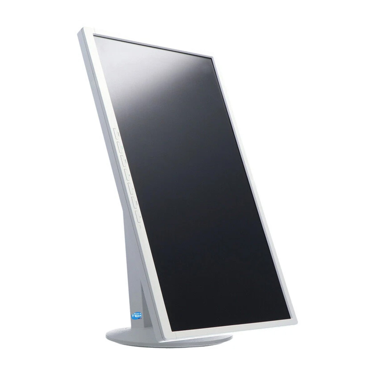 Un monitor di computer bianco si trova verticalmente su una base rotonda su sfondo bianco.