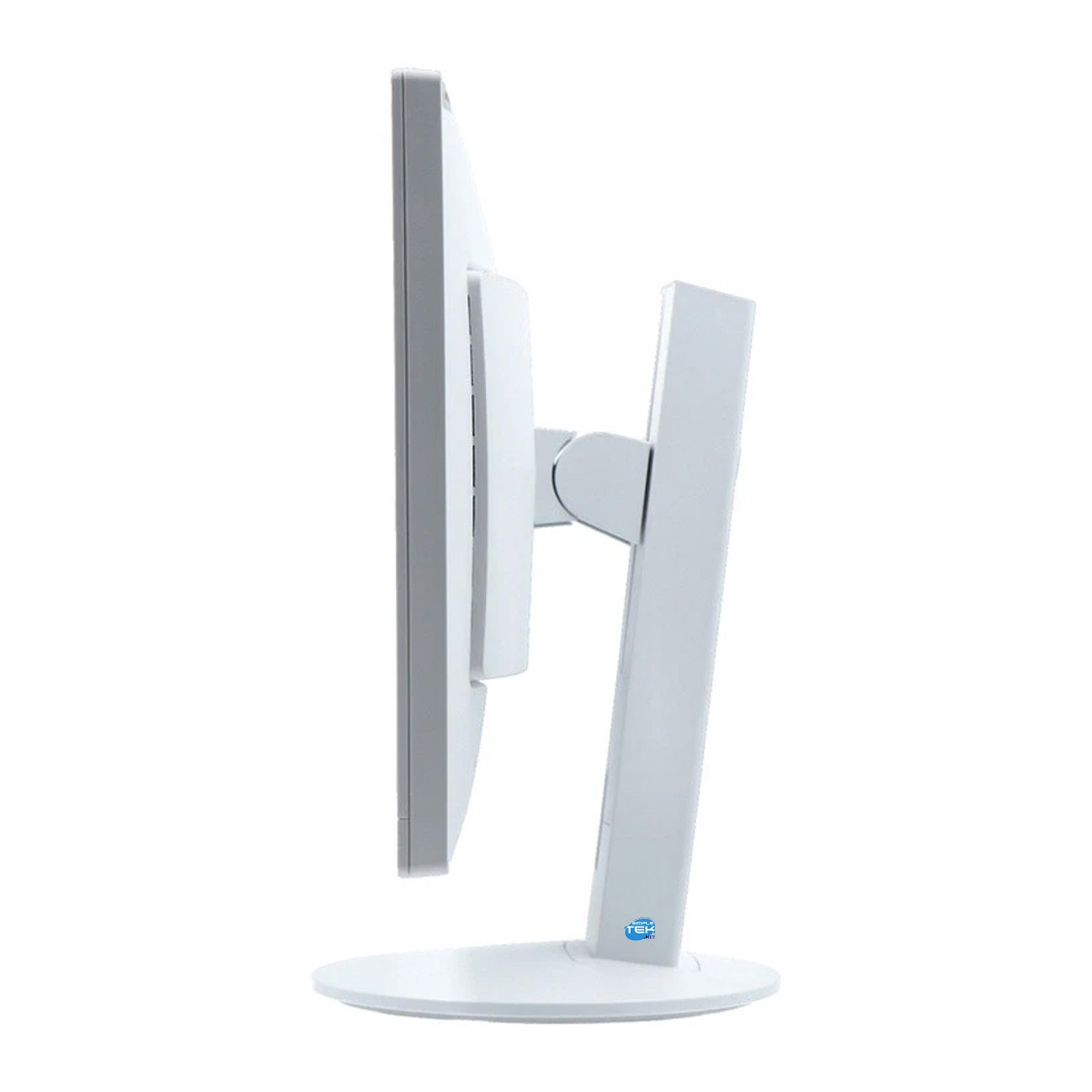 Vista laterale di un monitor per computer bianco con supporto regolabile e base rotonda su sfondo bianco.