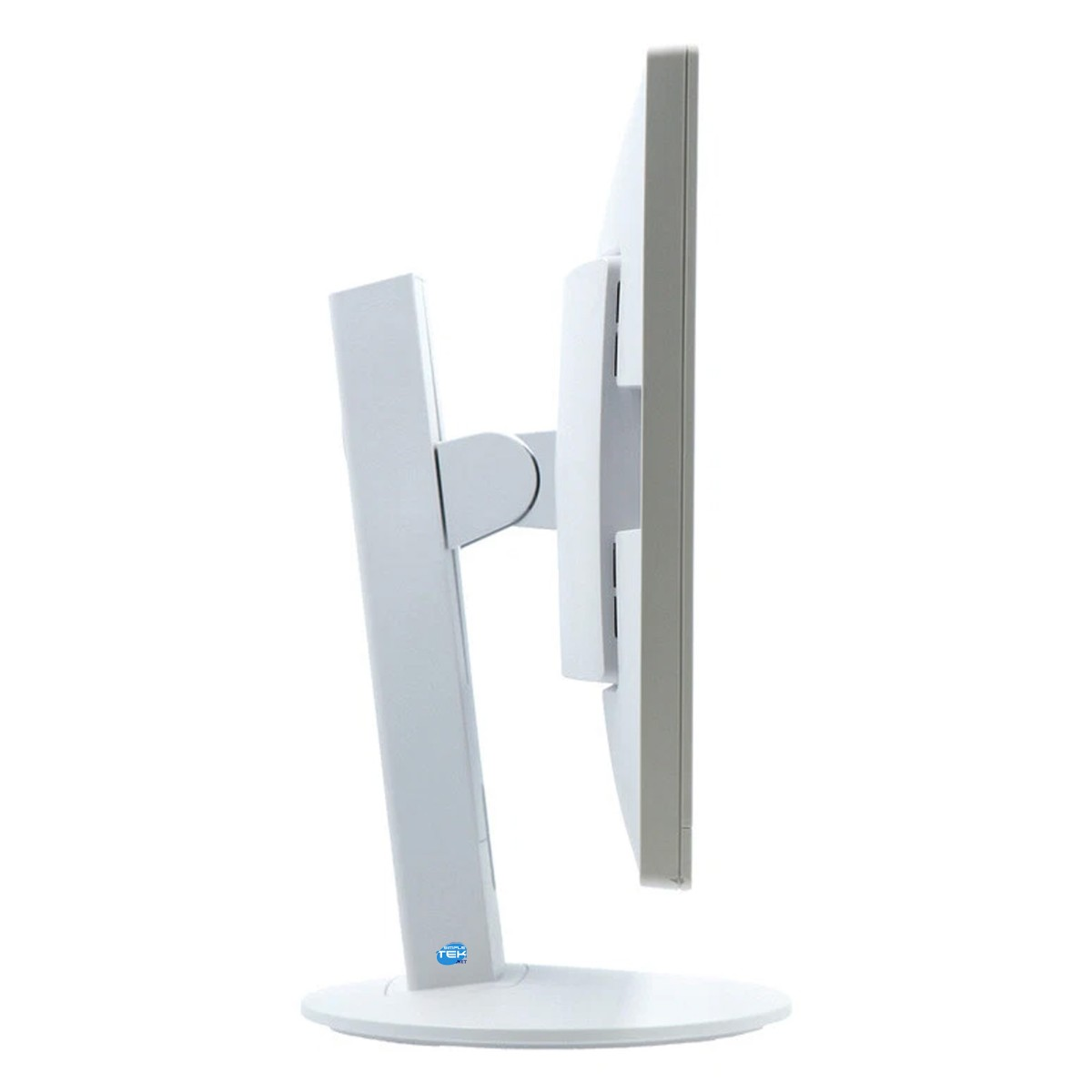Vista laterale di un monitor per computer bianco su una base rotonda, su sfondo bianco.