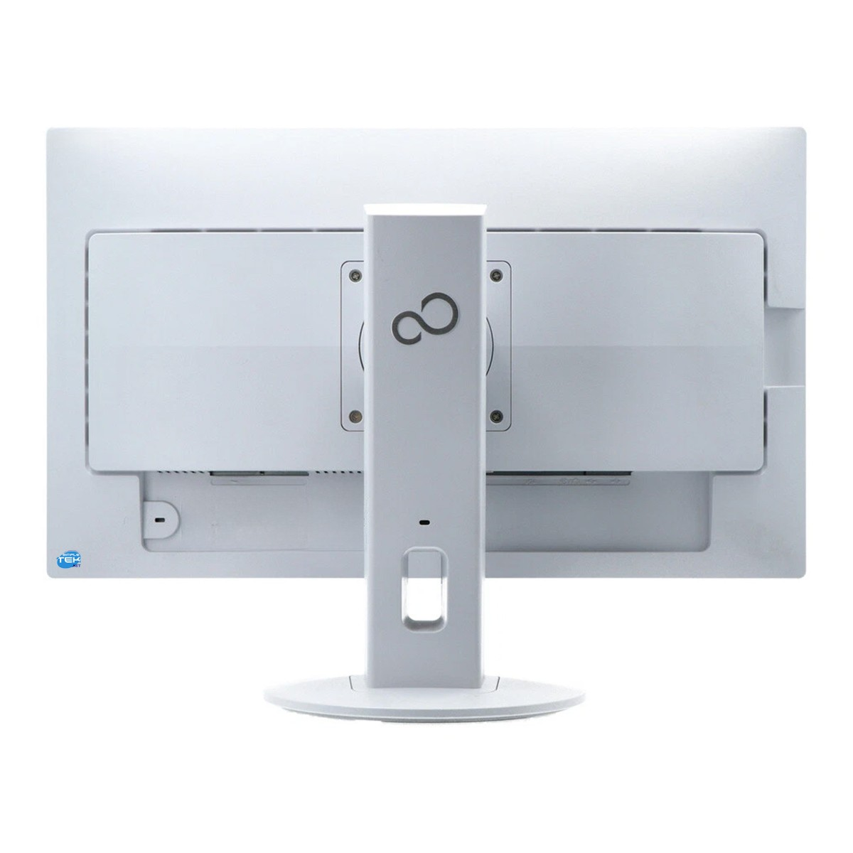 Vista posteriore di un monitor per computer bianco con supporto su sfondo bianco.