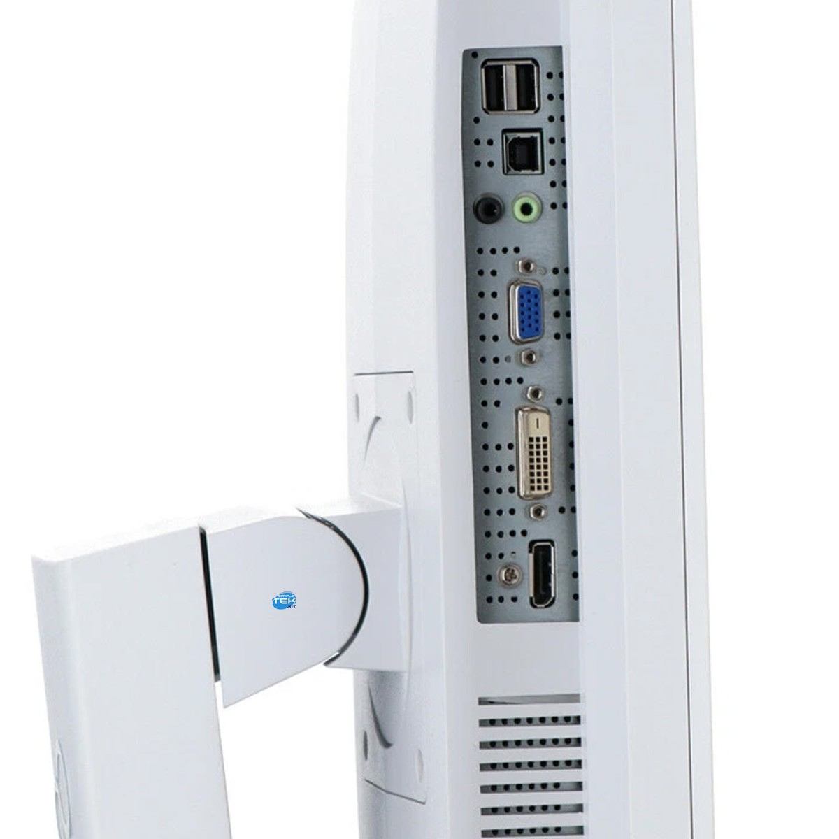 Pannello posteriore di un monitor bianco che mostra porte USB, audio, VGA, DVI e HDMI.