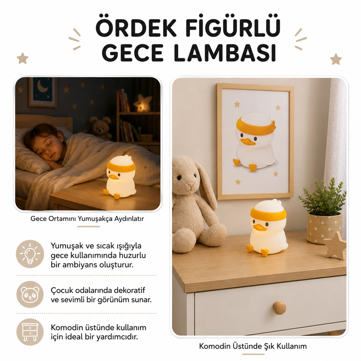 Komodoncuk üzerinde sevimli ördek gece lambası, yumuşak aydınlatma için ideal.
