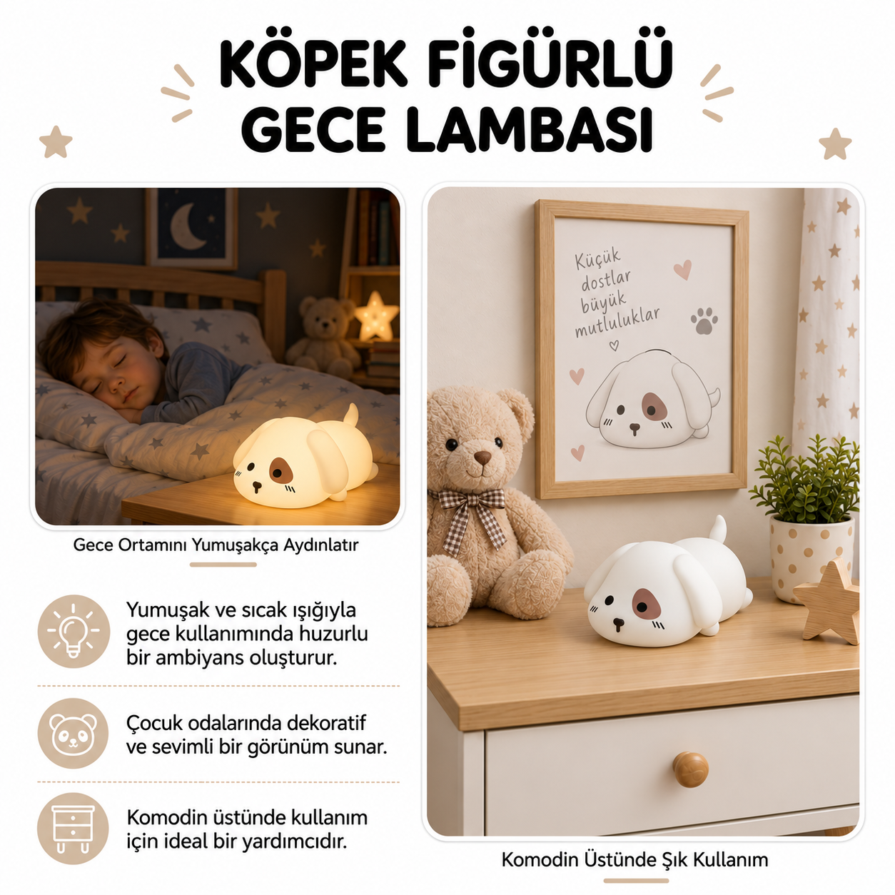Çocuk odasında komodinin üzerinde sevimli köpek gece lambası, oyuncak ayı ve tablo ile.