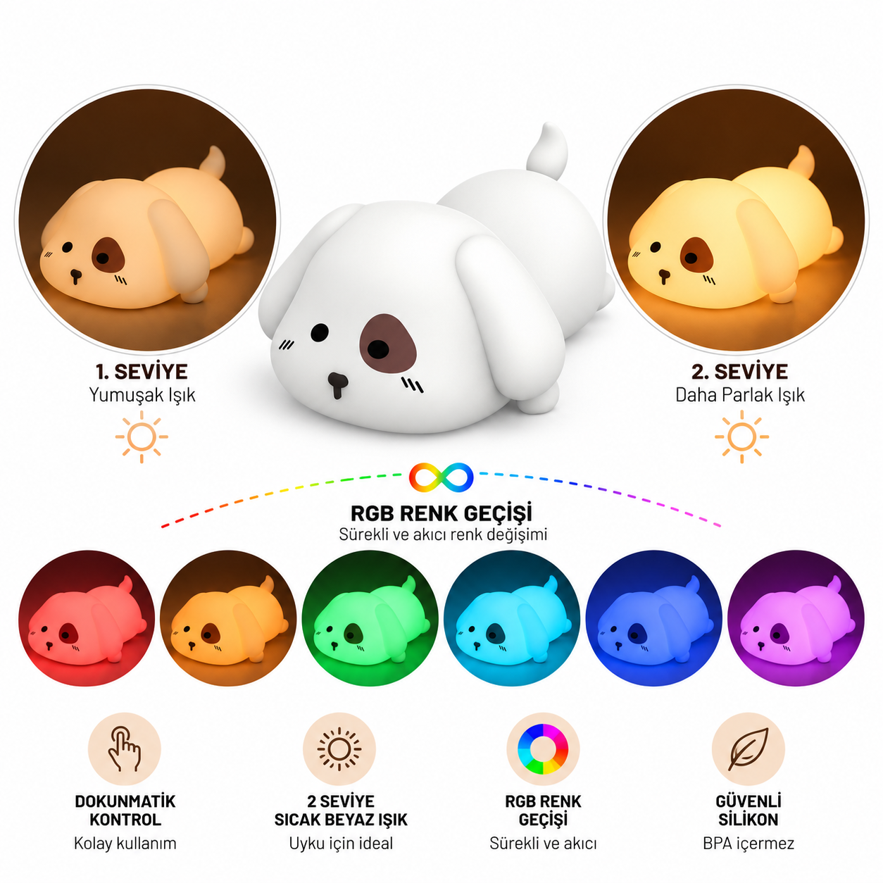 Dokunmatik kontrollü, iki parlaklık seviyeli ve RGB renk geçişli beyaz köpek gece lambası.