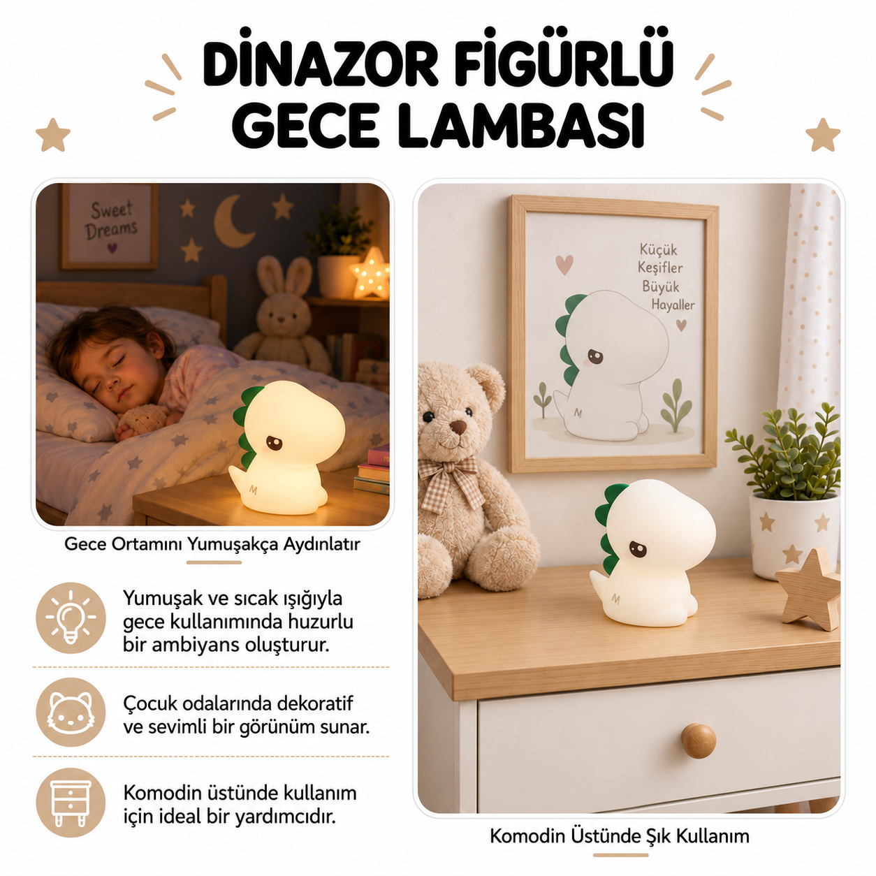 Komoditem üzerinde yumuşakça parlayan sevimli dinozor şekilli gece lambası.