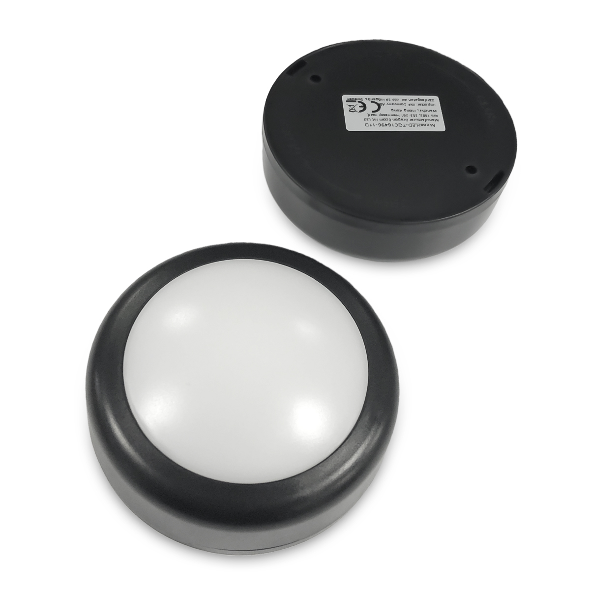 Due luci LED rotonde su sfondo bianco, una mostra la parte anteriore bianca e l'altra il retro nero con etichette.