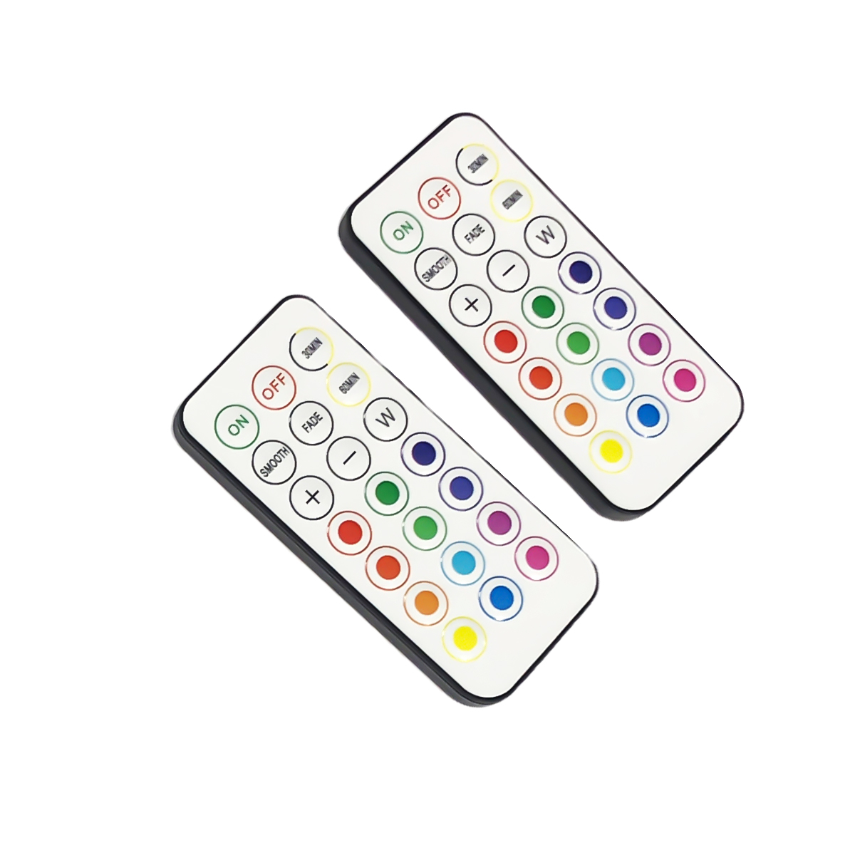 Due telecomandi per luci LED bianchi con pulsanti colorati su sfondo bianco.