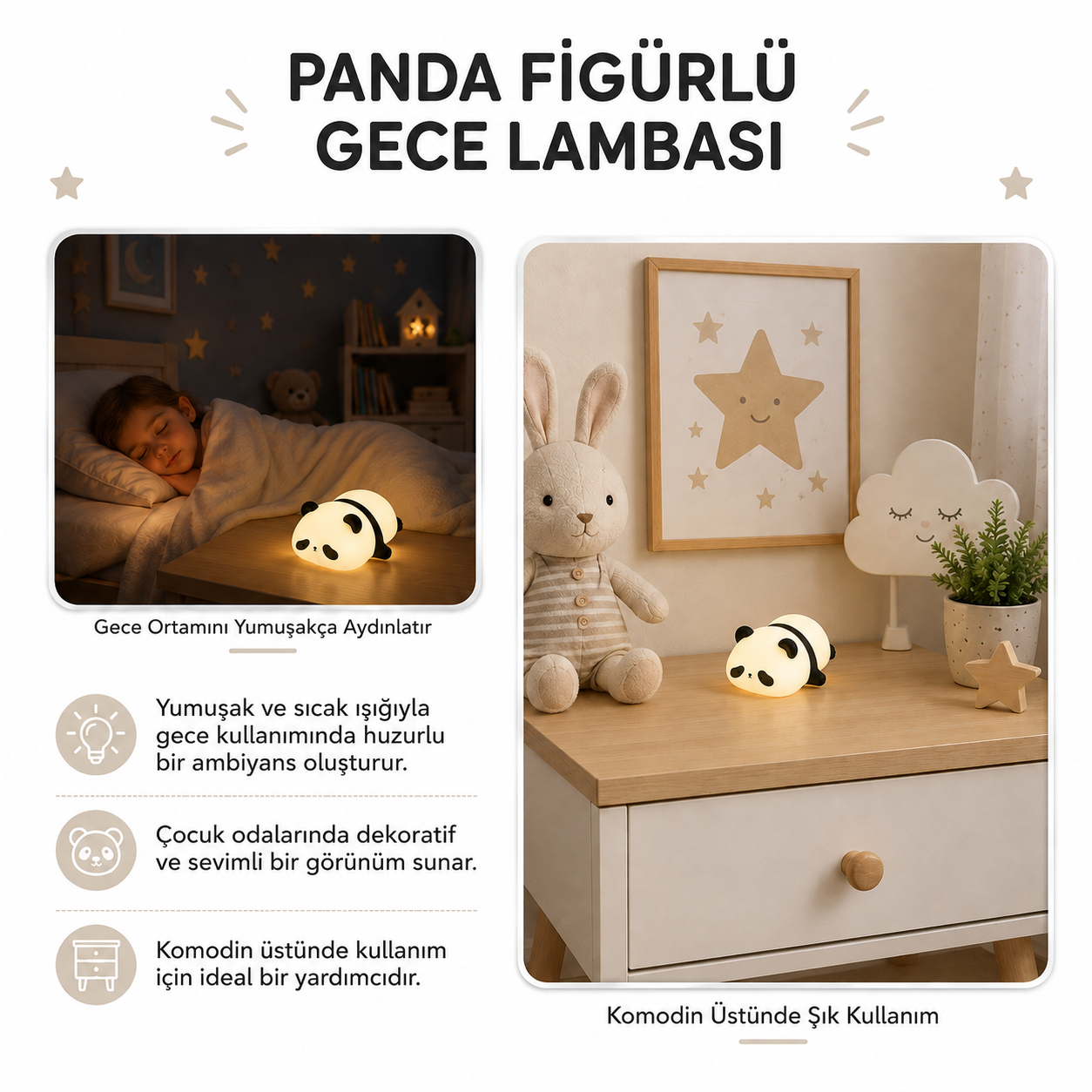 Ahsap komodinin ustunde panda gece lambasi.
