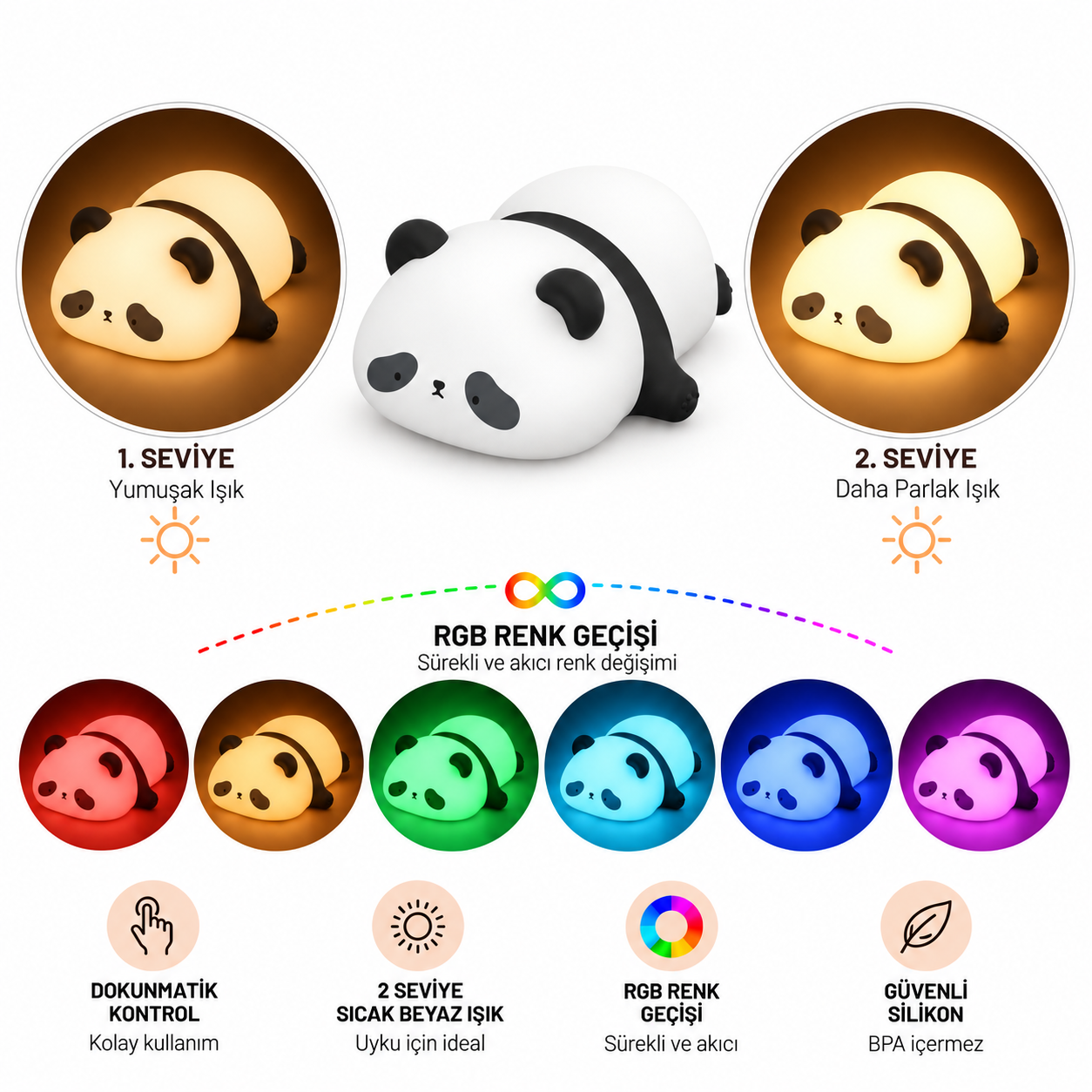 Dokunmatik kontrol, iki parlaklık seviyesi ve RGB renk geçişine sahip, güvenli silikon malzemeli panda gece lambası.