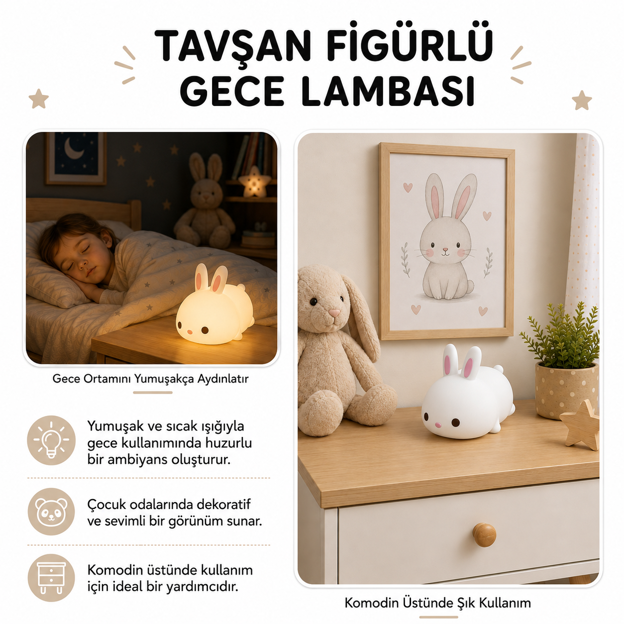 Peluş oyuncak ve çerçeveli resim olan komodinde sevimli tavşan figürlü gece lambası.