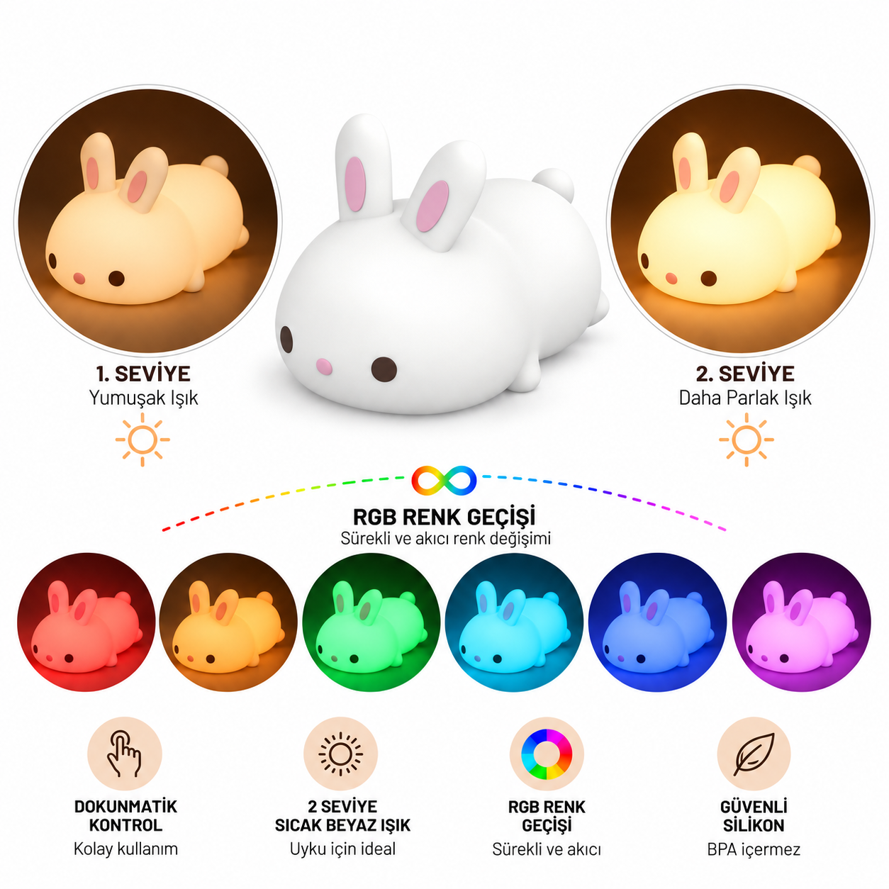 İki seviyeli beyaz ışık ve RGB renk geçişleri olan sevimli beyaz silikon tavşan gece lambası.