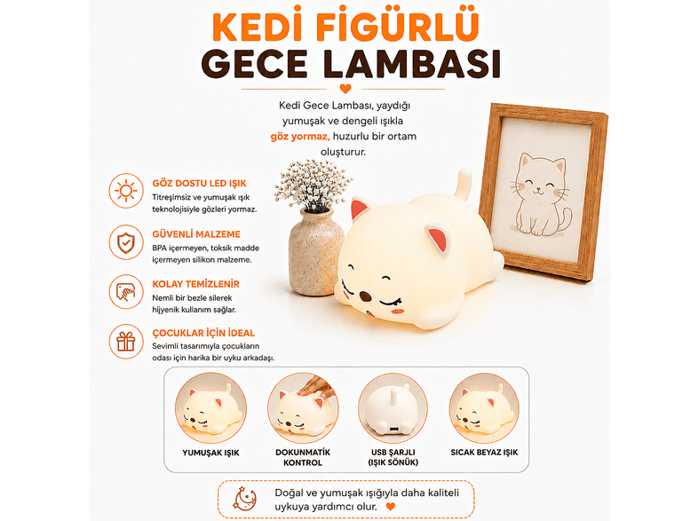 MUITOMAS Kedi Figürü Silikon USB-C Gece Lambası Beyaz