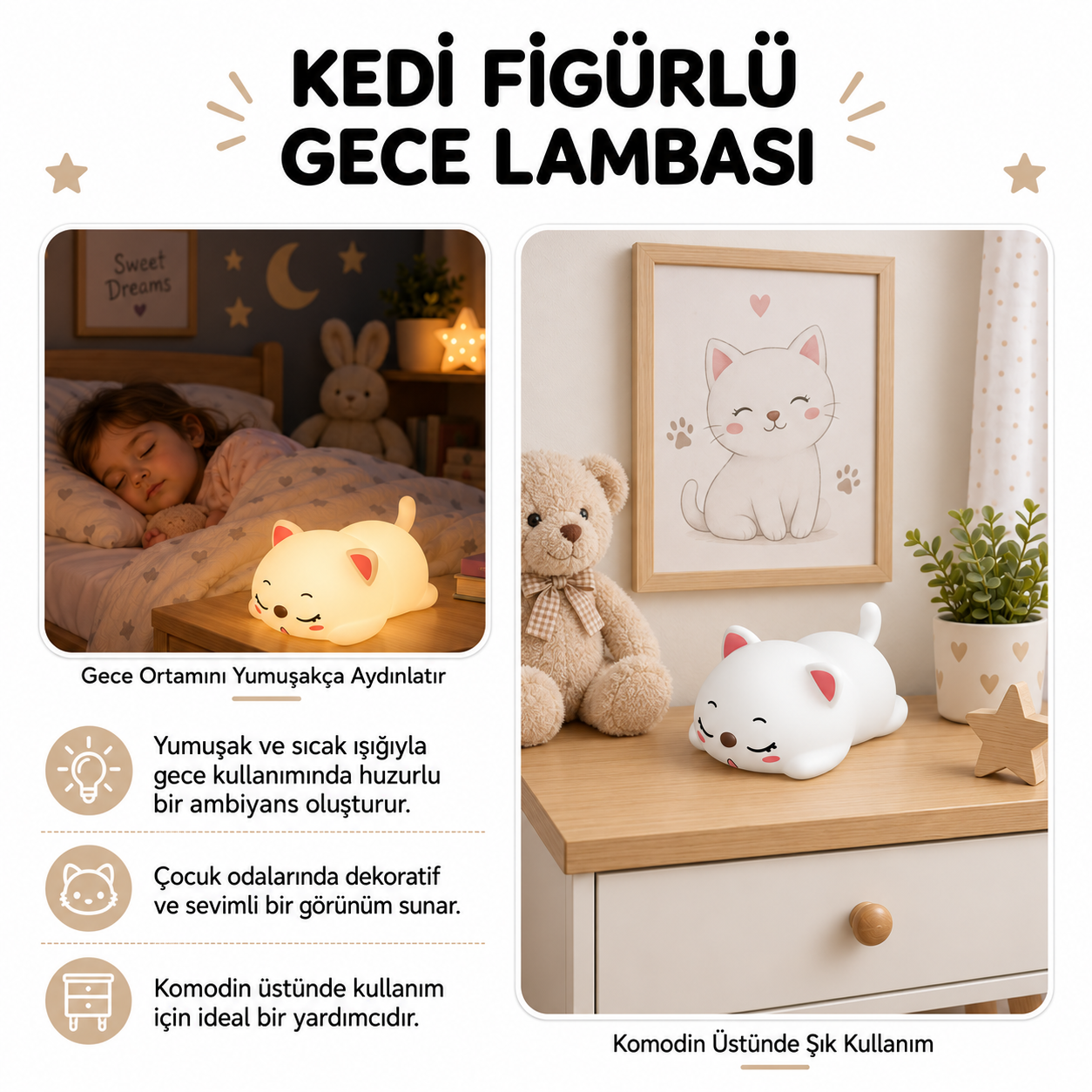 Komodinde sevimli kedi figürlü gece lambası, çocuk odaları için yumuşak ışık sağlar.