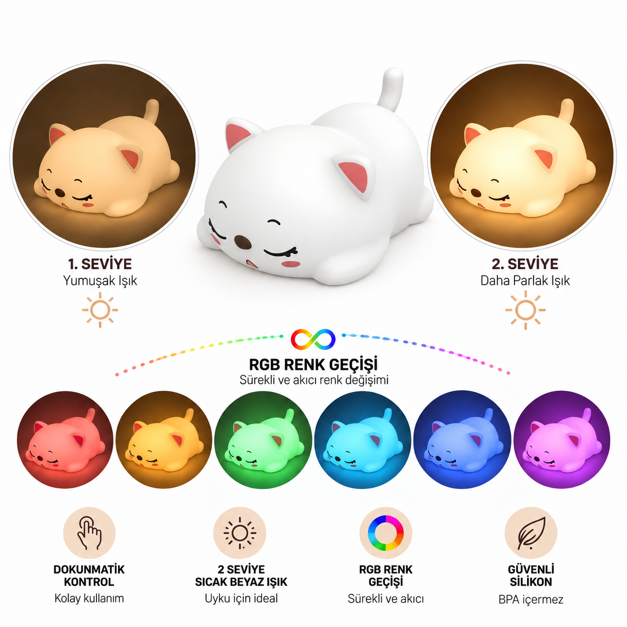 Kısılabilir sıcak ışık ve RGB renk geçiş modlarına sahip beyaz silikon kedi gece lambası.