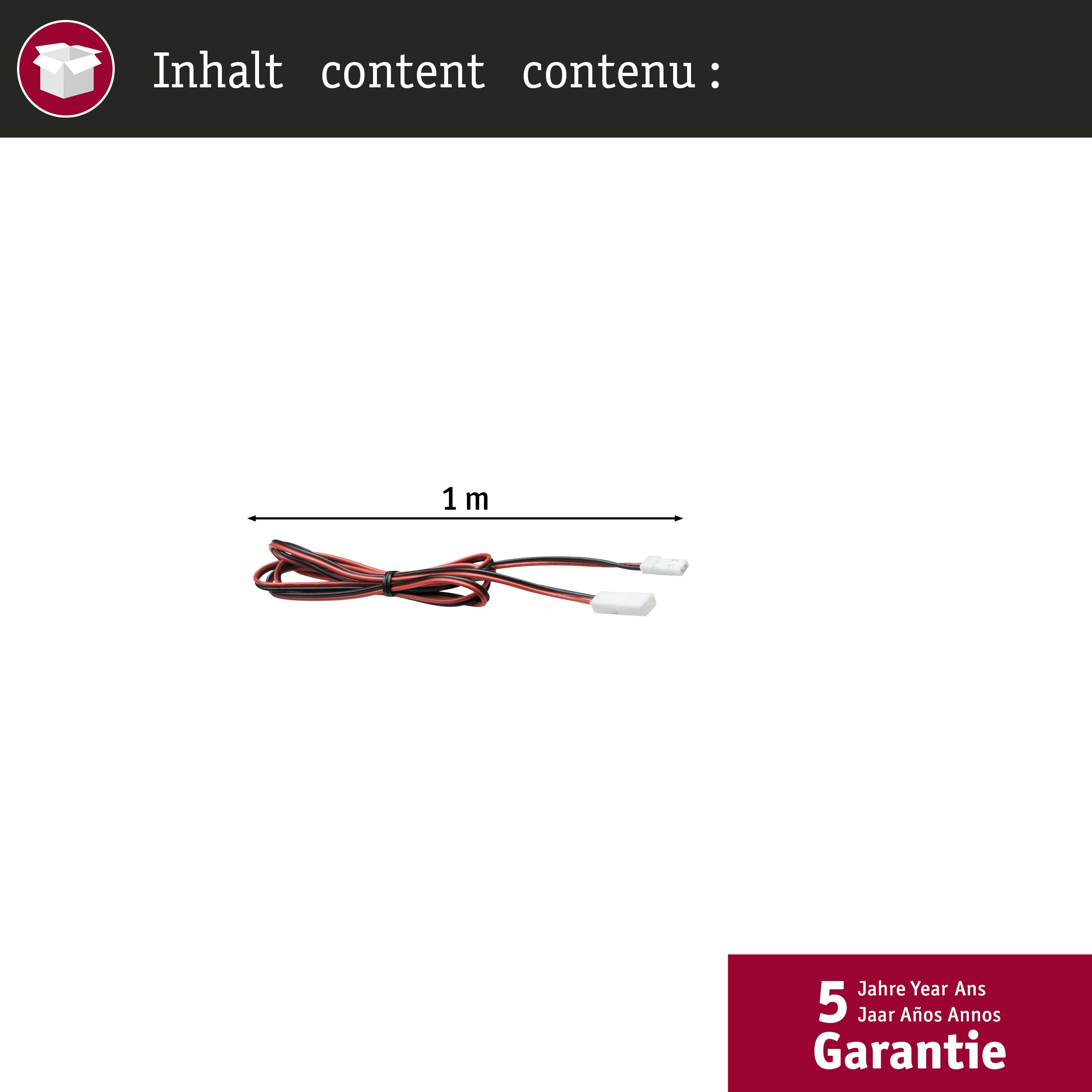 Zwinięty czarno-czerwony kabel o długości 1 metra z dwoma białymi wtyczkami.