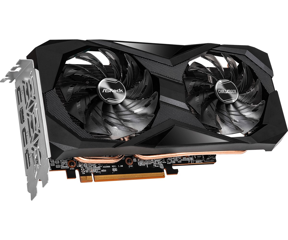 Czarna karta graficzna ASRock Challenger z dwoma wentylatorami i miedzianymi rurkami cieplnymi na białym tle.