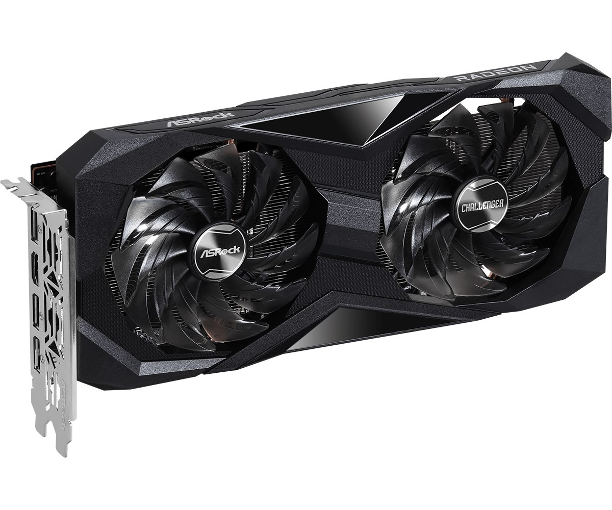 Czarna karta graficzna ASRock Challenger z dwoma wentylatorami na białym tle.