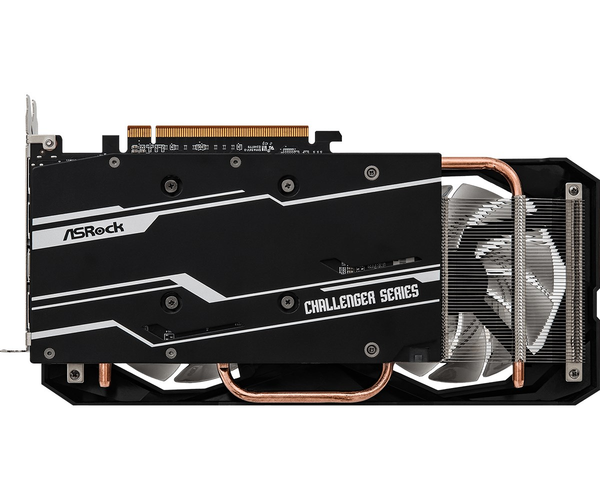 Czarna karta graficzna ASRock Challenger Series z miedzianymi rurkami cieplnymi i wentylatorem na białym tle.