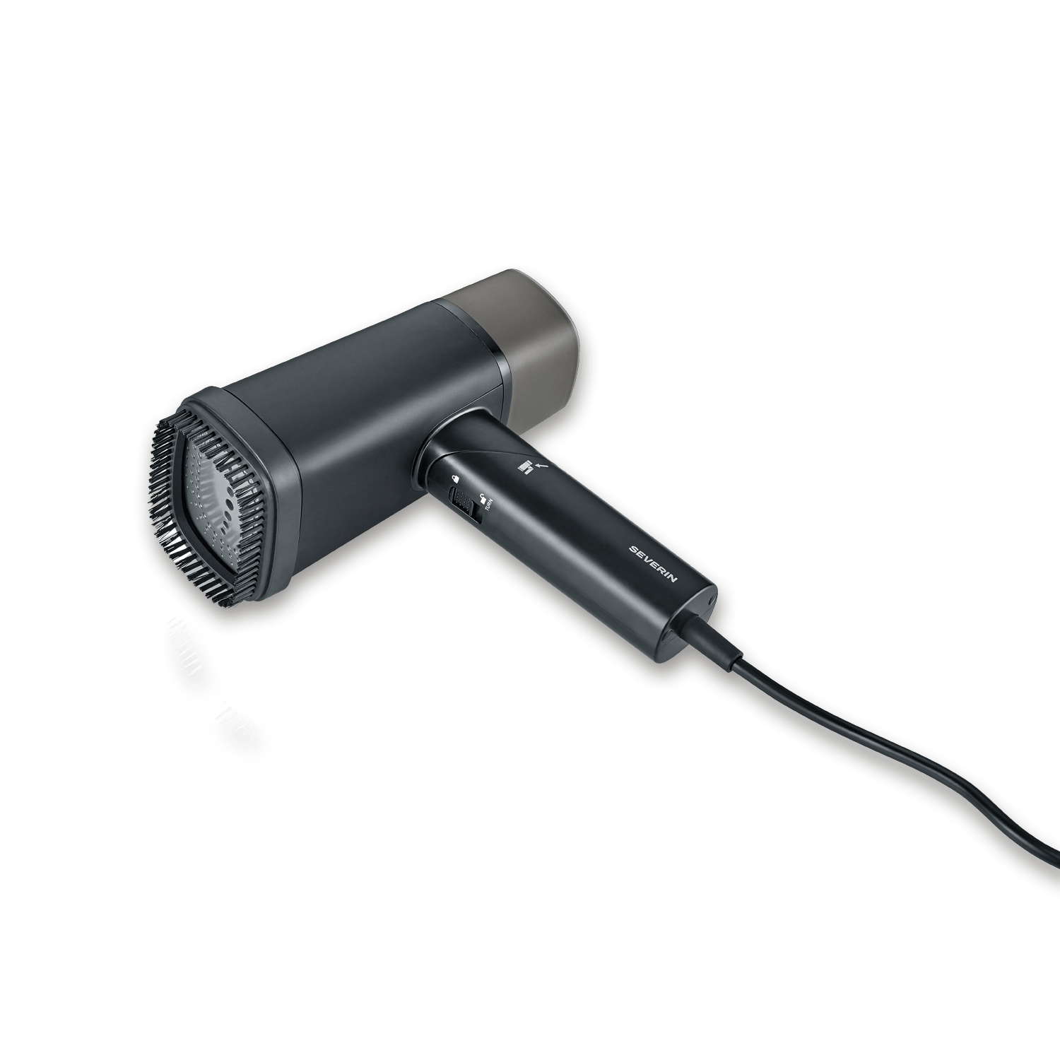 Stiratrice verticale portatile Severin nera con accessorio spazzola e cavo di alimentazione.