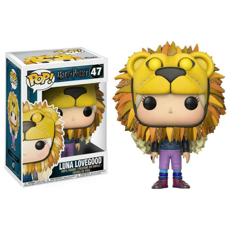 Figura in vinile Pop! di Luna Lovegood con cappello da leone e scatola.