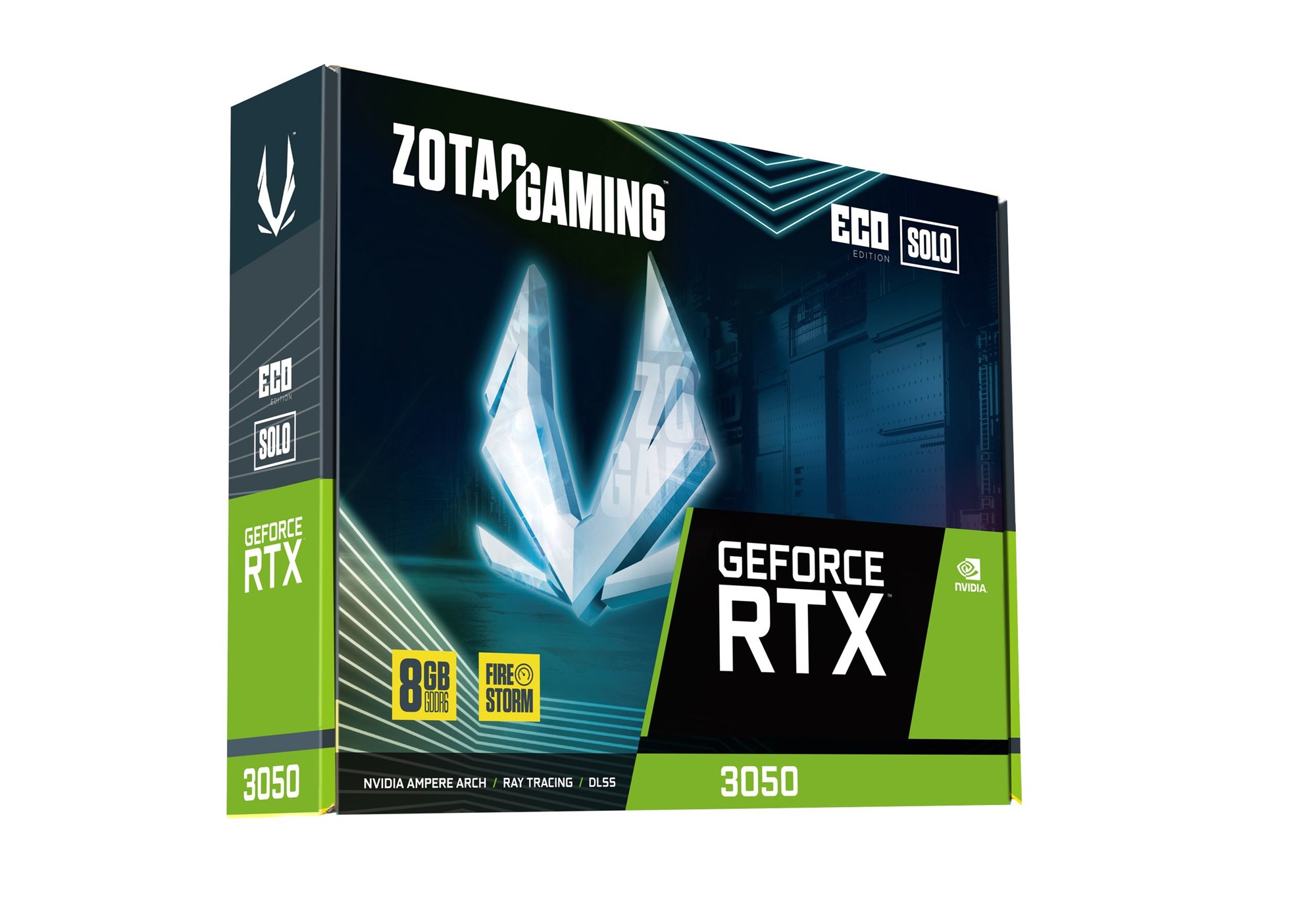 Pudełko karty graficznej Zotac Gaming GeForce RTX 3050 Solo w zielono-czarnym designie z 8GB GDDR6.