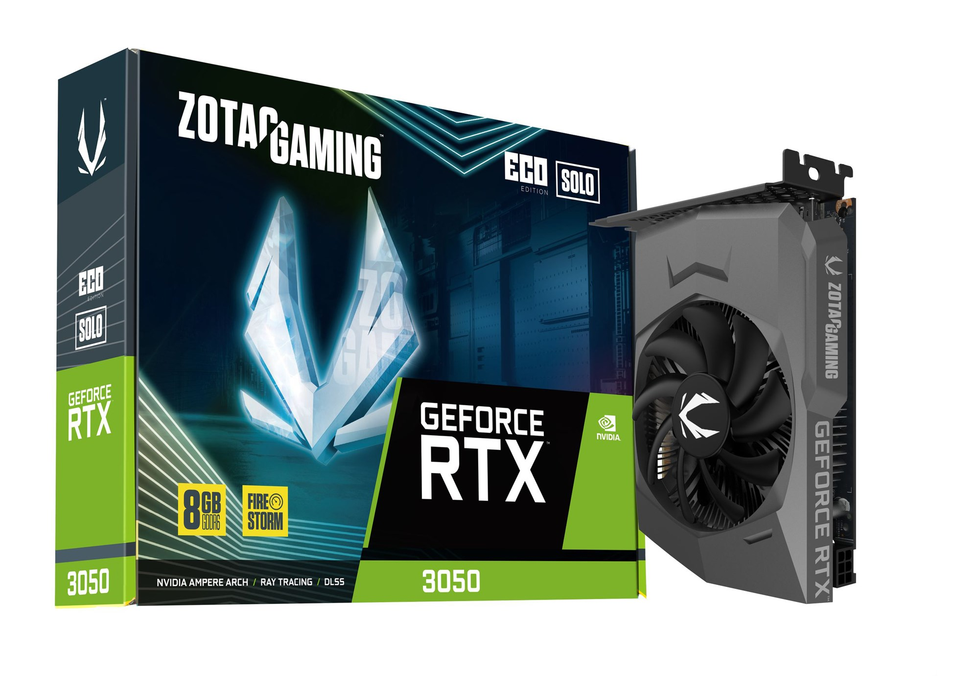 Karta graficzna Zotac Gaming GeForce RTX 3050 Solo obok pudełka na białym tle.