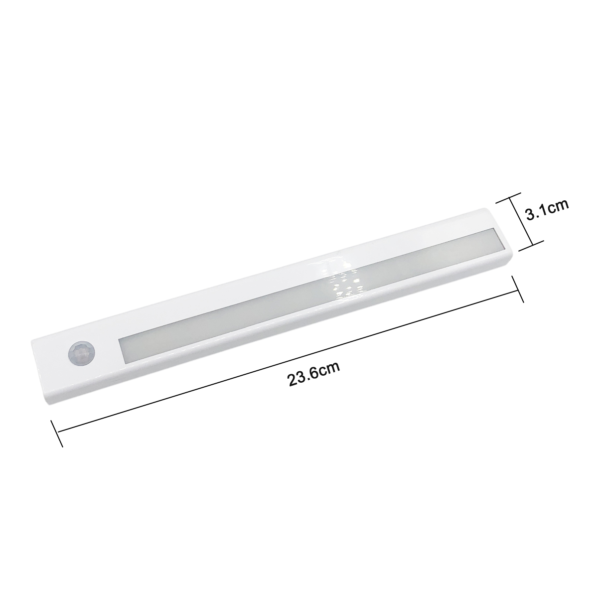 Lunga barra luminosa a LED bianca con sensore di movimento, lunga 23,6 cm, larga 3,1 cm, su sfondo bianco.